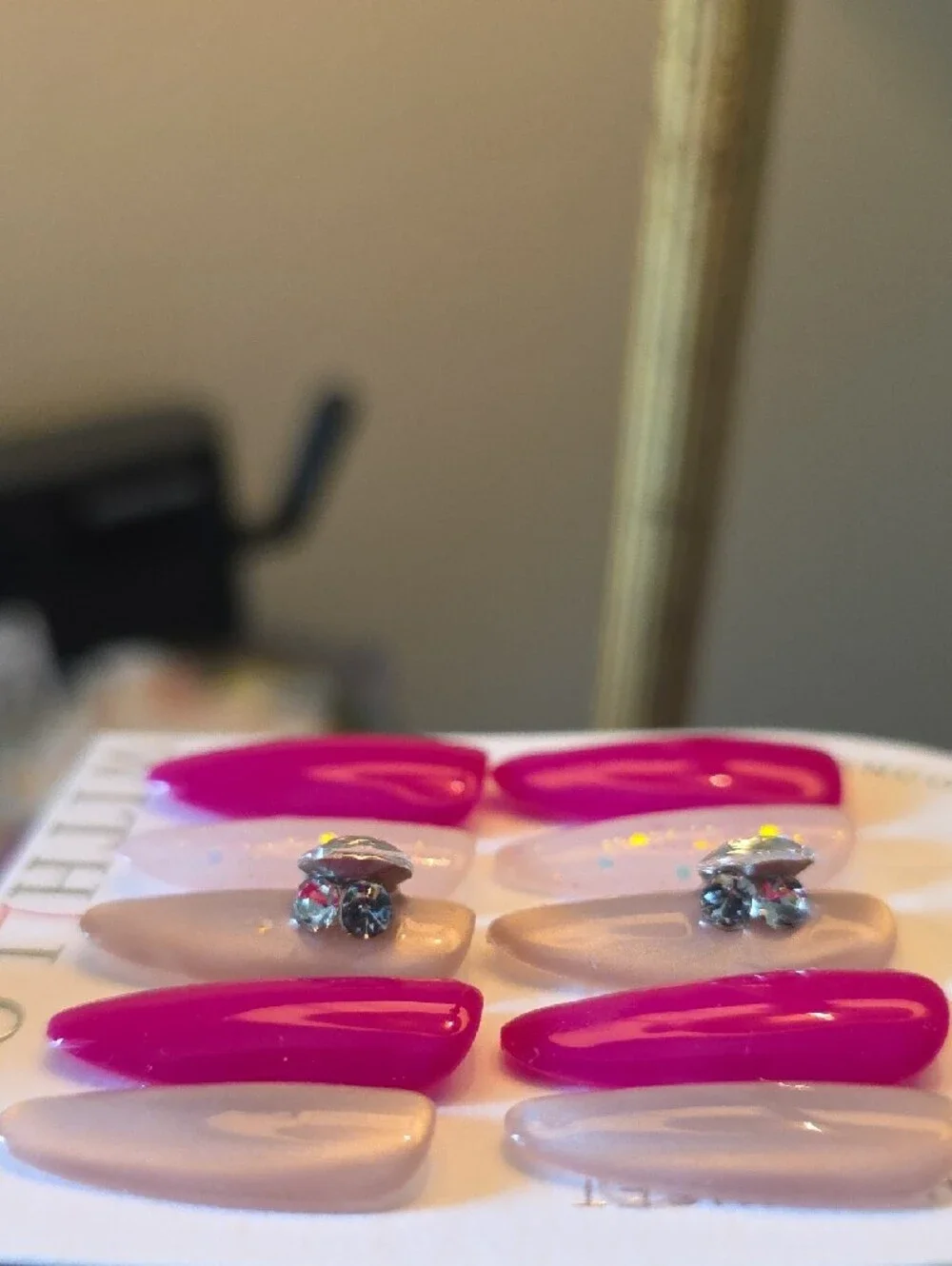 Press-On Nail Set with Fuchsia and Nude Shades Rhinestone Accent Size Large